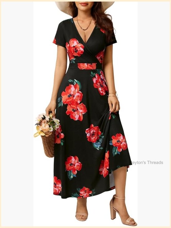 Dresses & Skirts - Women's Short Sleeve Wrap V Neck Maxi Sundress with Pockets Boho